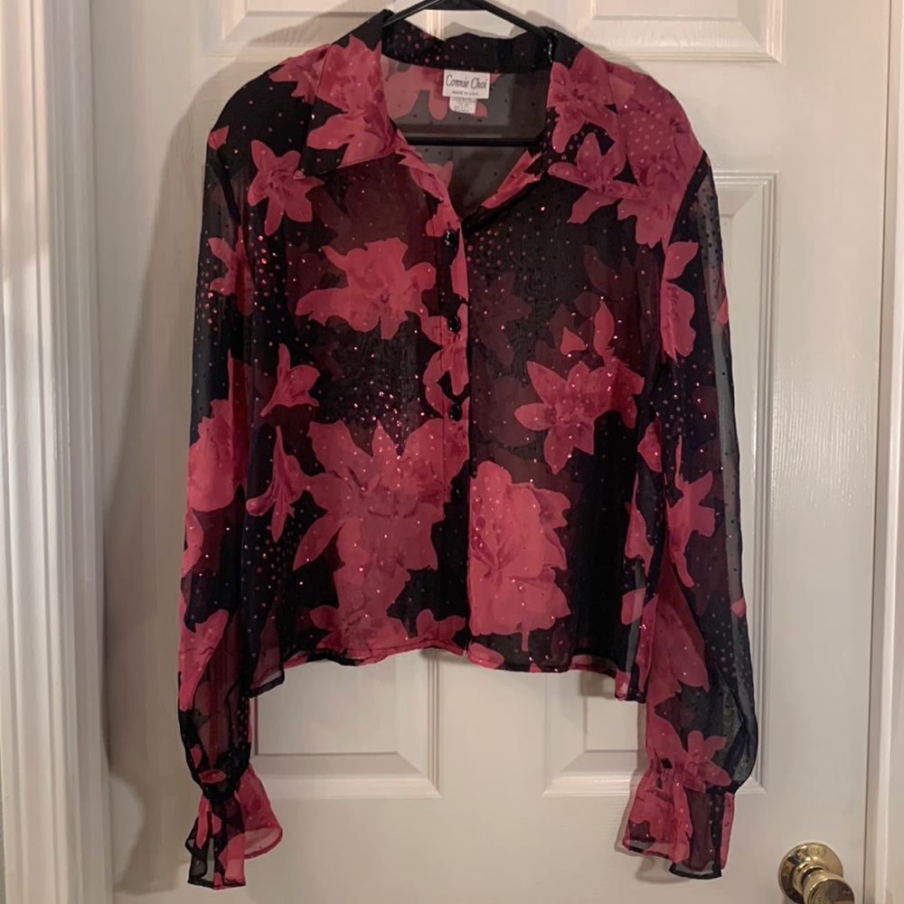 Vintage Black and Pink Floral Connie Choi Sheer Blouse - Picture 3 of 16